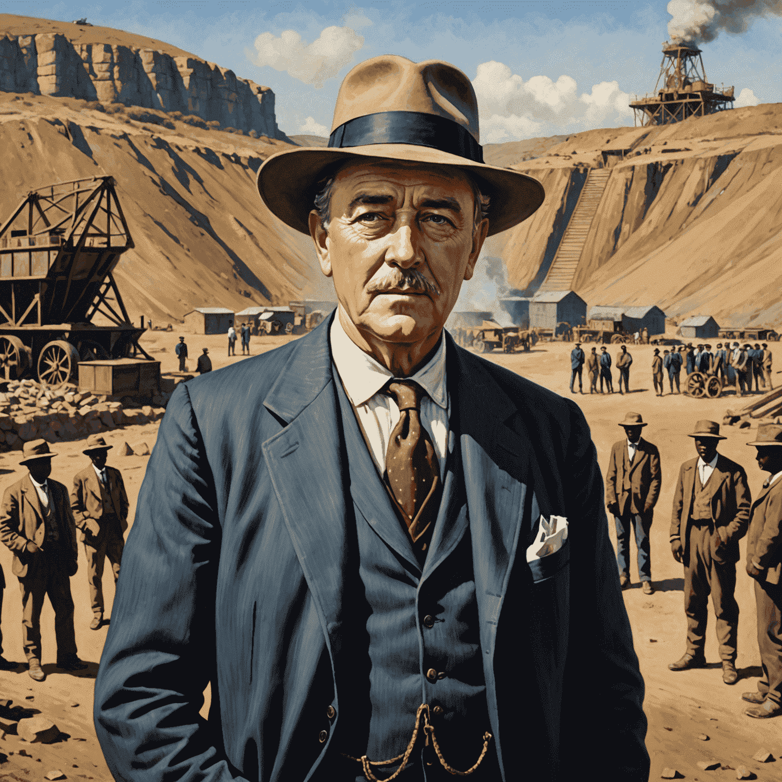 Portrait of Cecil Rhodes standing in front of a diamond mine in South Africa, wearing a suit and hat typical of the late 19th century. The background shows workers and mining equipment.