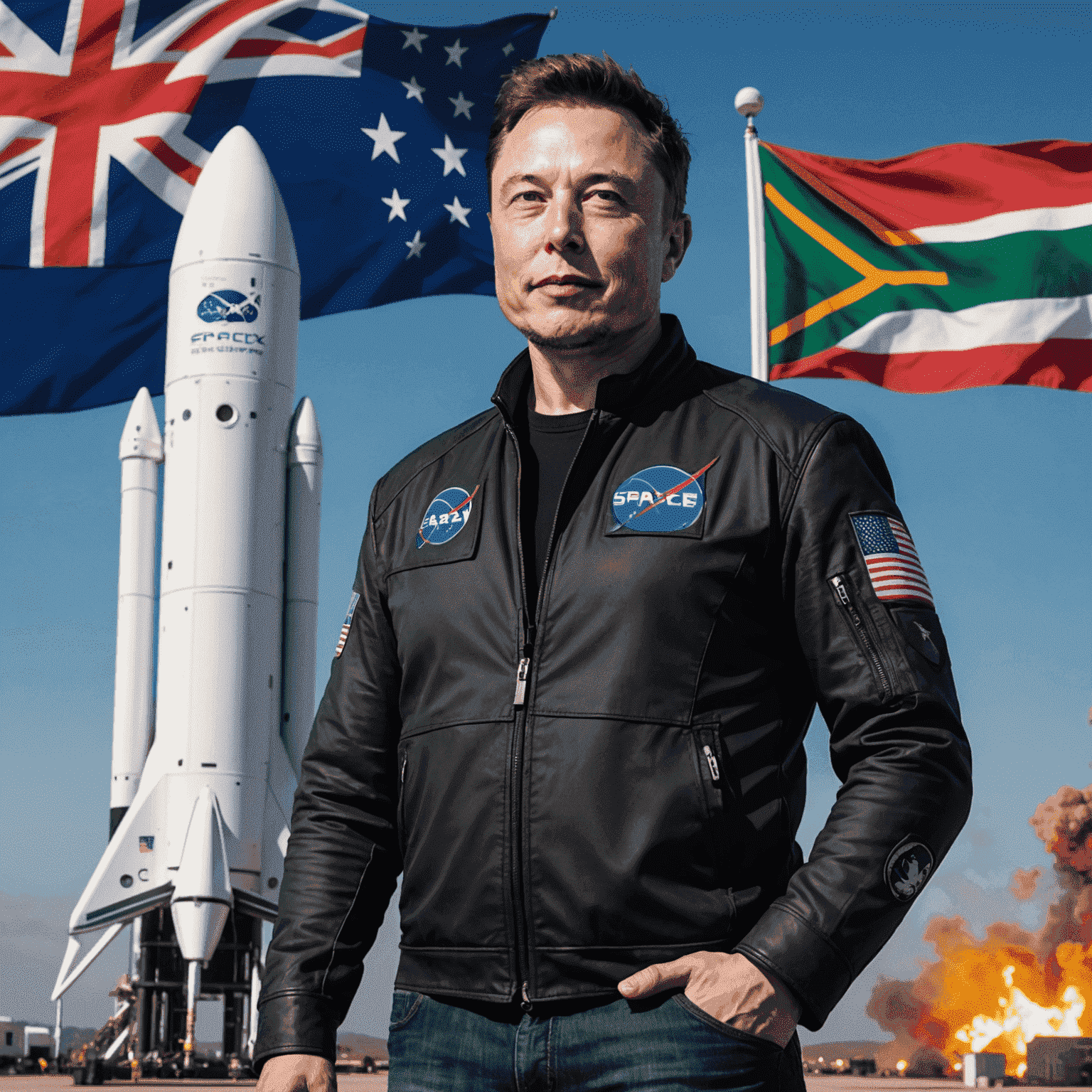 Elon Musk standing in front of a SpaceX rocket, with the South African and American flags visible in the background, symbolizing his journey from Pretoria to becoming a global tech icon