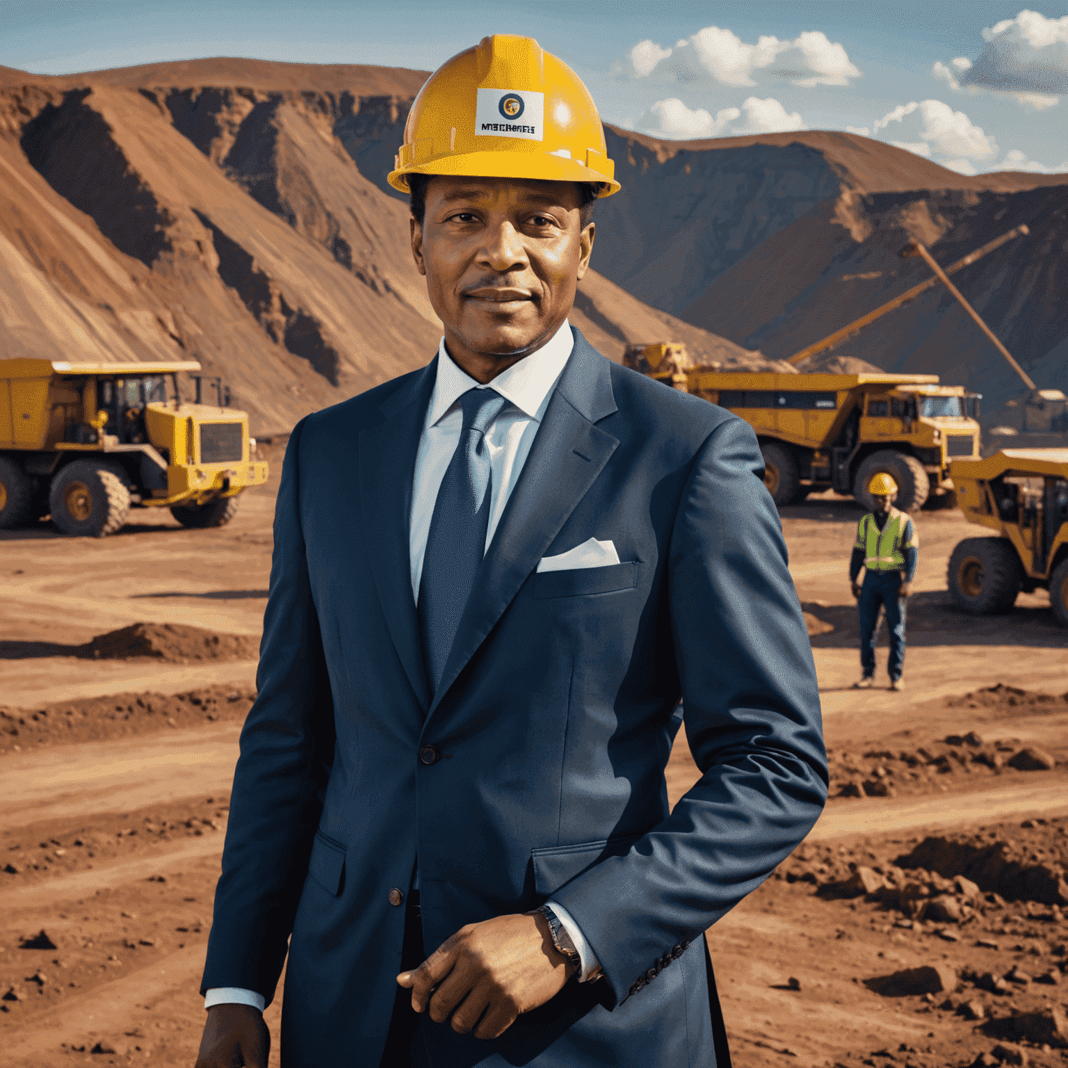 Patrice Motsepe standing in front of a mining operation, wearing a hard hat and suit, symbolizing his role as a successful businessman in the mining industry