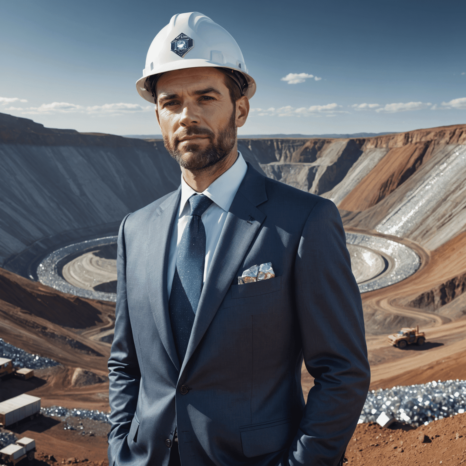 Nicky Oppenheimer standing in front of a De Beers diamond mine, wearing a suit and hard hat, with sparkling diamonds in the foreground