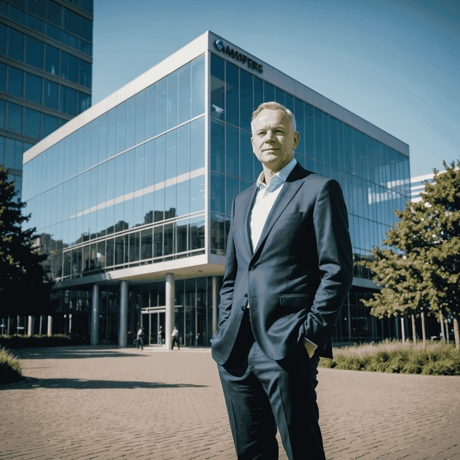 Koos Bekker standing confidently in front of Naspers headquarters, a modern glass building reflecting the company's global tech ambitions