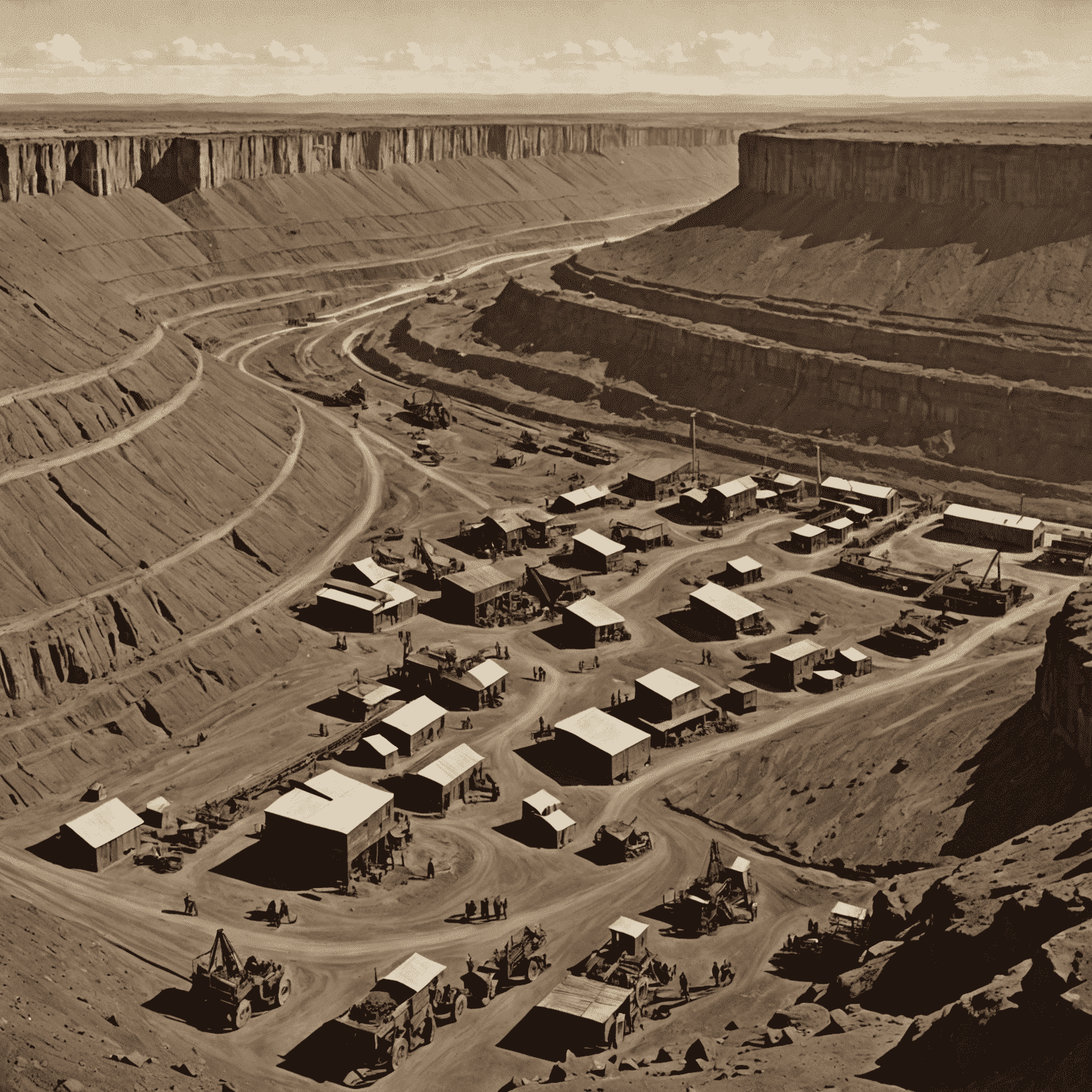 A panoramic view of the Kimberley diamond mines in the late 19th century, showing the vast open-pit mining operations with workers, equipment, and the surrounding landscape.