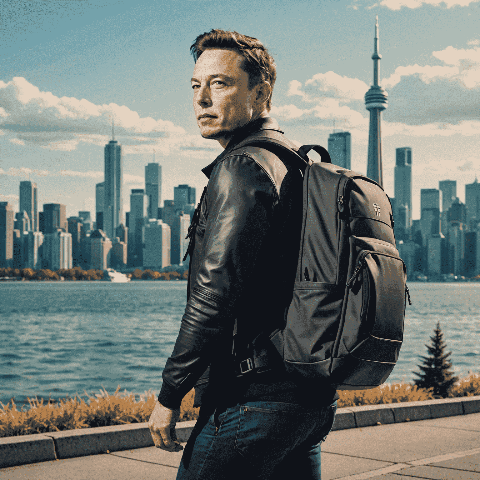 A young Elon Musk arriving in Canada, carrying a backpack and looking determined, with the Toronto skyline in the background