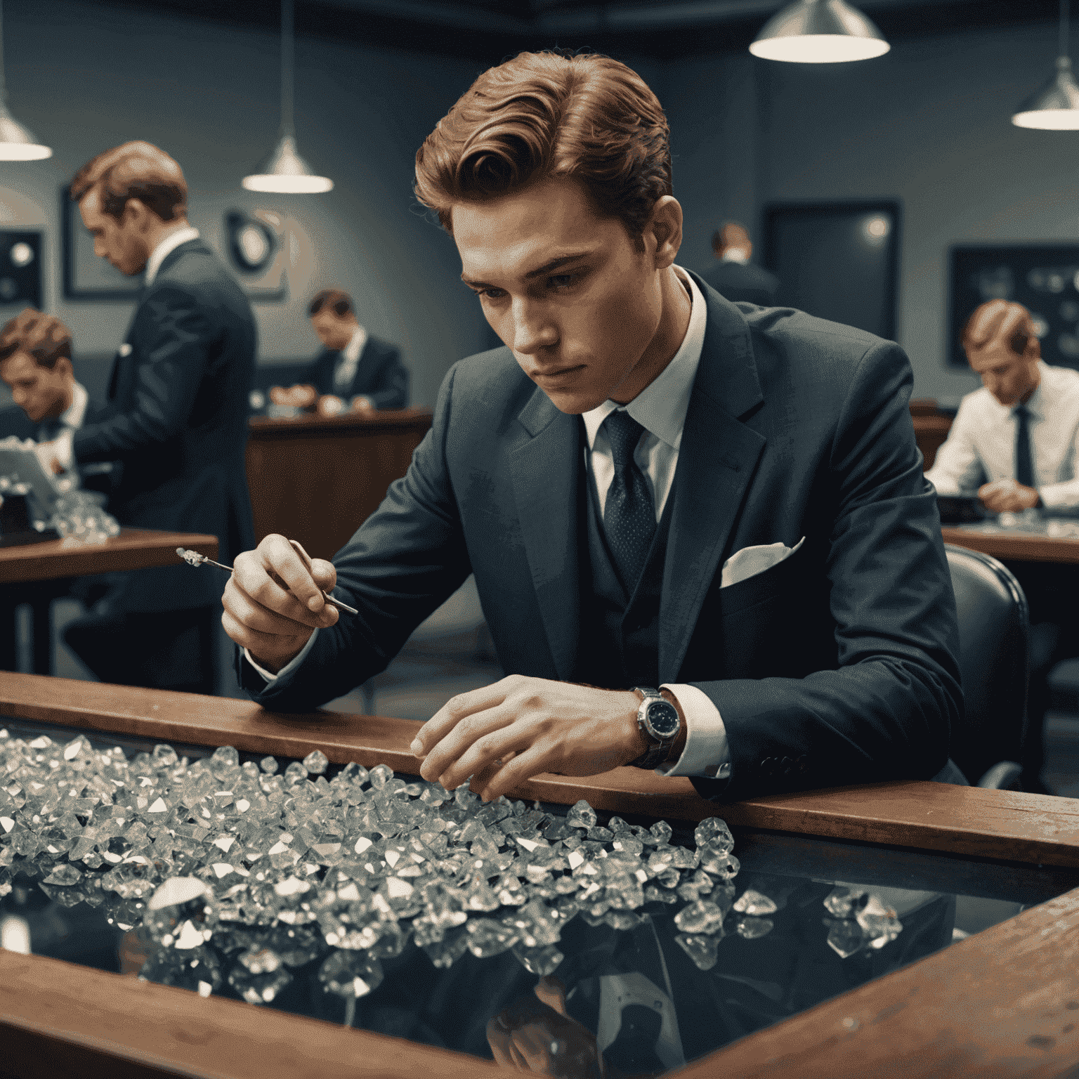 Young Nicky Oppenheimer in a suit, examining diamonds through a loupe in a De Beers sorting room