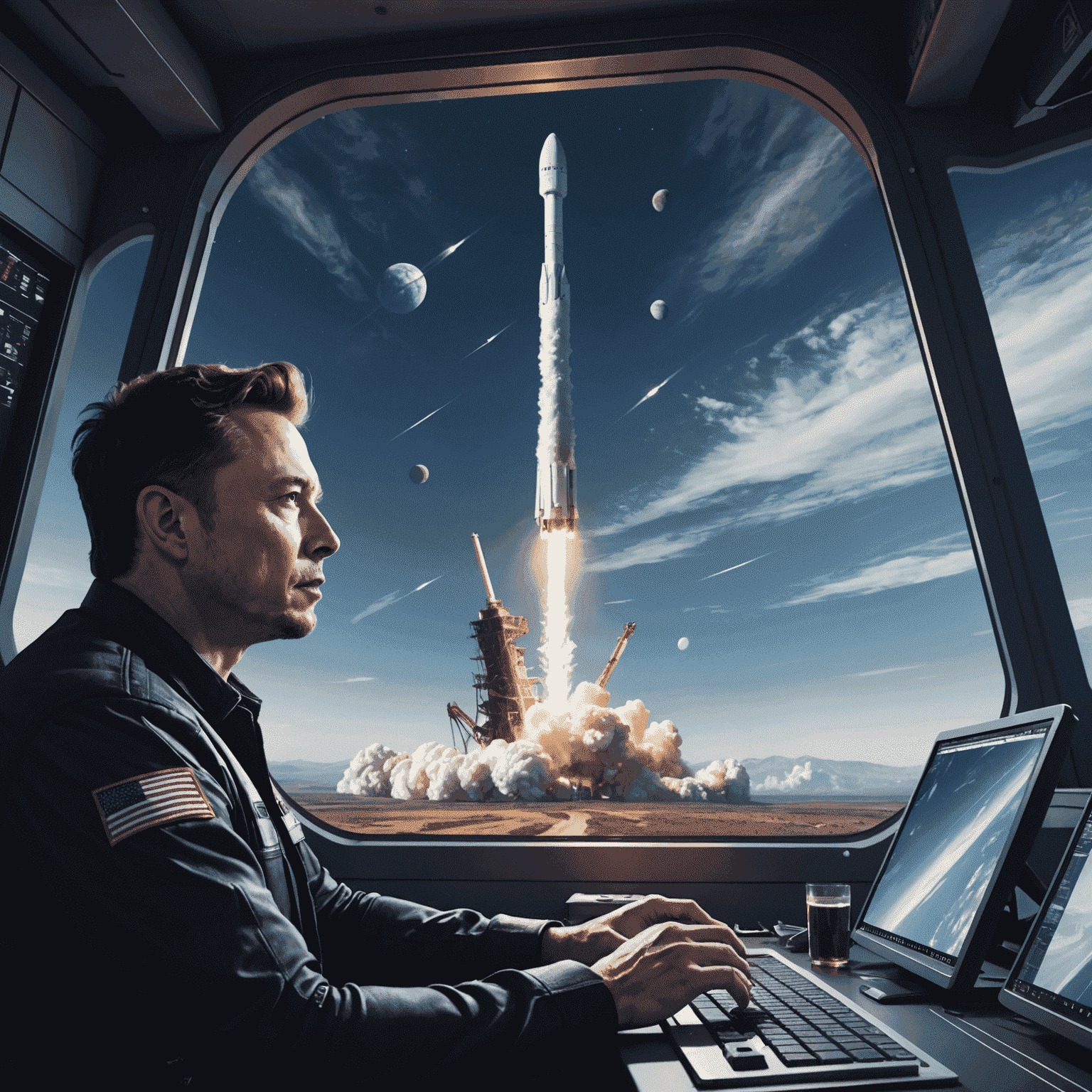 A SpaceX Falcon 9 rocket launching into space, with Elon Musk watching from a control room, symbolizing his journey from earthbound entrepreneur to space pioneer