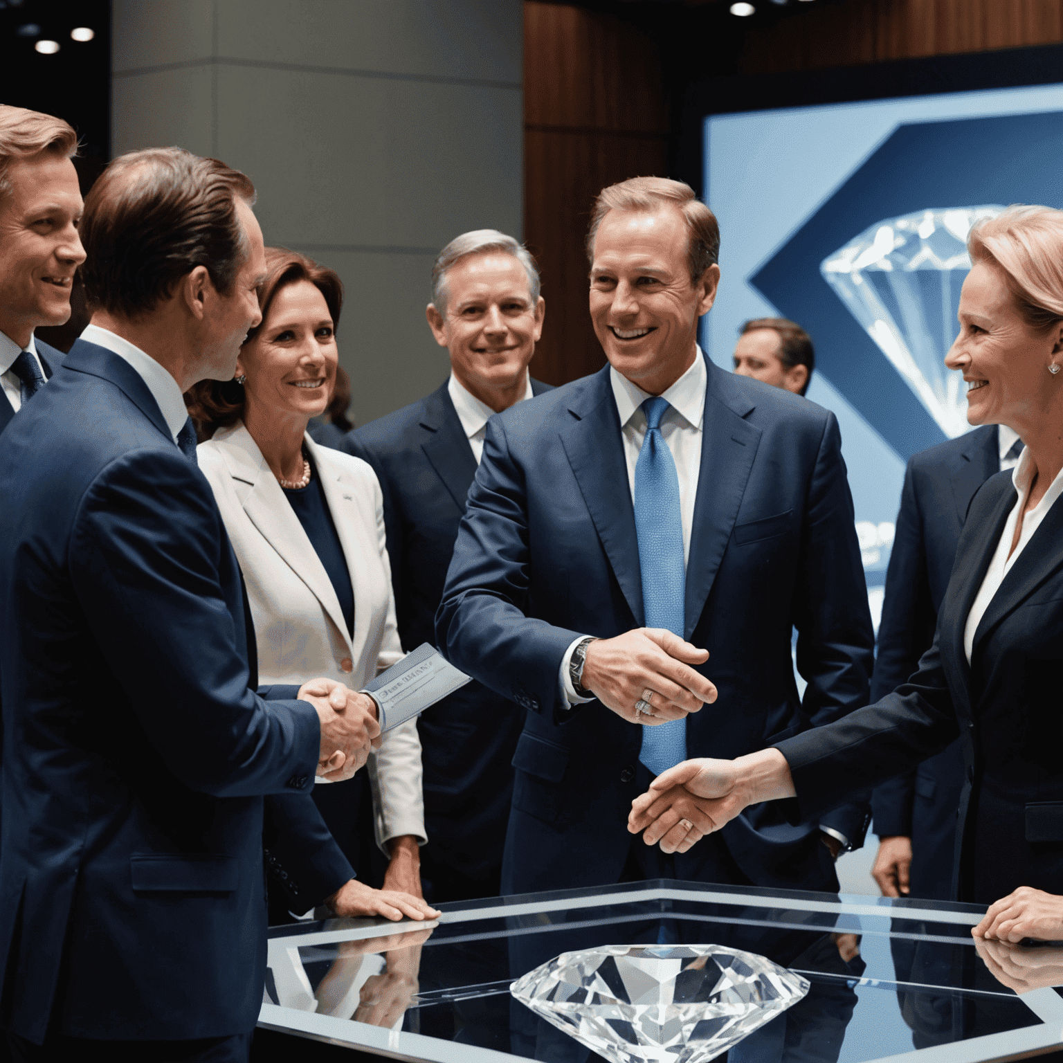 Nicky Oppenheimer shaking hands with Anglo American executives after the sale of De Beers, with a large diamond display in the background